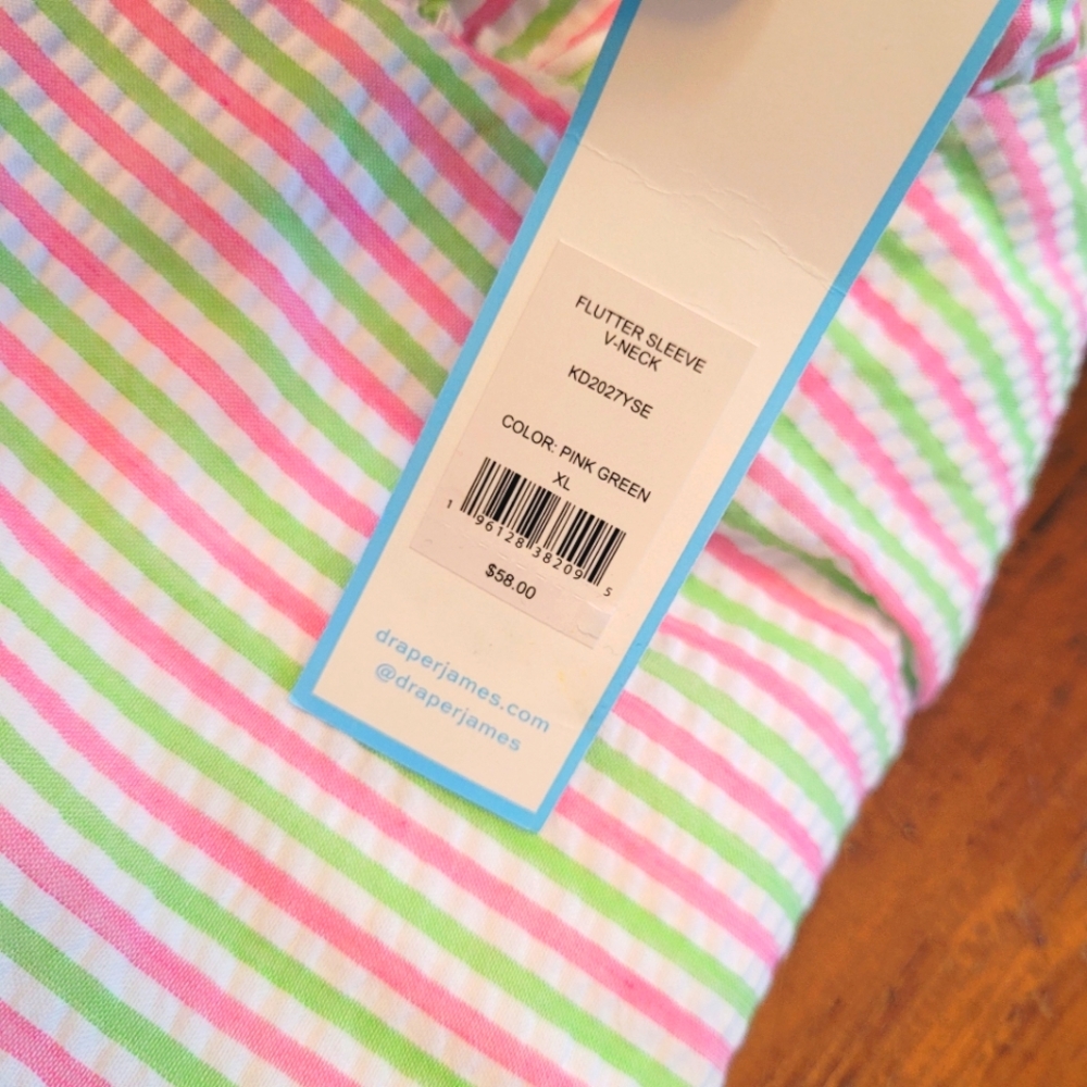 Draper James Flutter Sleeve White Green Pink Striped V-Neck Peplum Top NEW XL - Picture 4 of 16